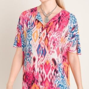 Chicos Ikat Design Multi Colored Blouse Tie Dyed Look Chicos Size 2 Silky Fabric